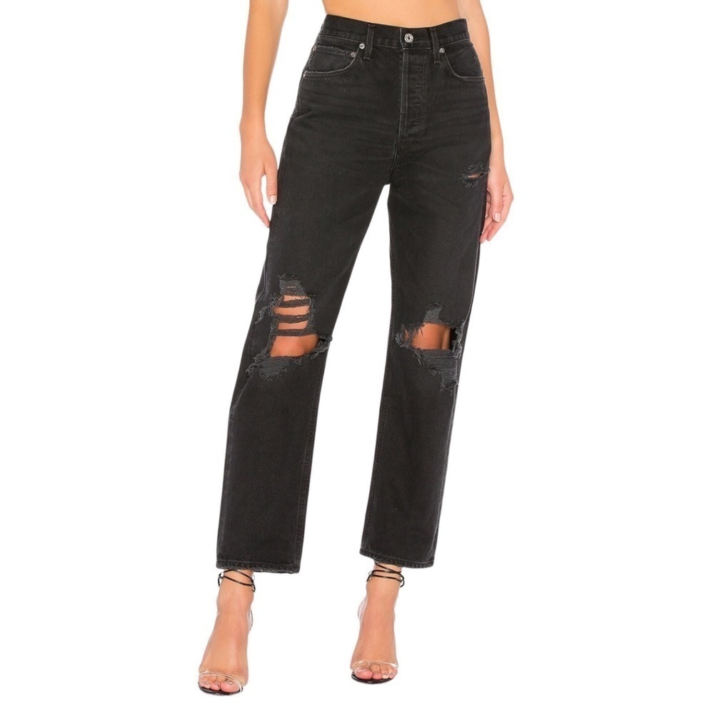 Agolde 90s High Rise Loose Fit Distressed Ripped Black Jeans in Audio Size 23